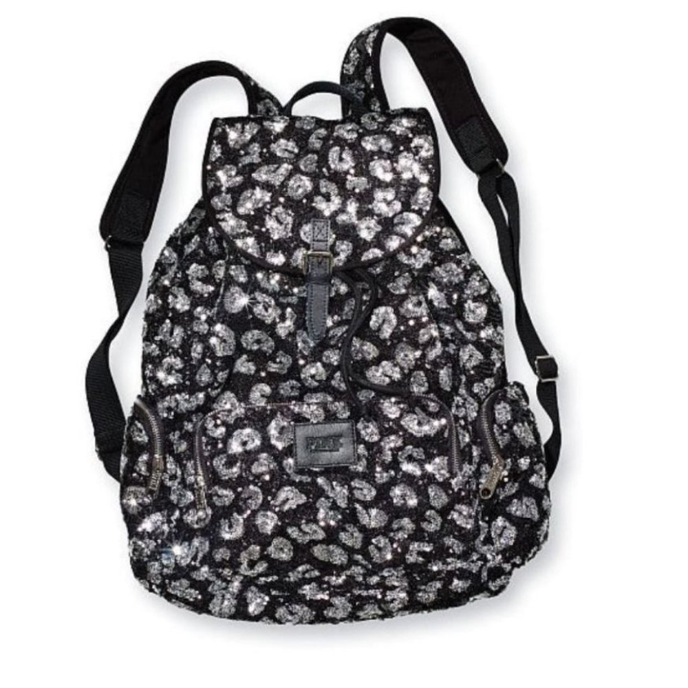 Victoria's Secret PINK Bling Black Leopard Backpack with Sequins *RARE*